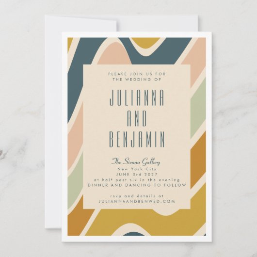 Aardse Boho Abstract Golvende Draai Pastel Trouwda Kaart (Voorkant)