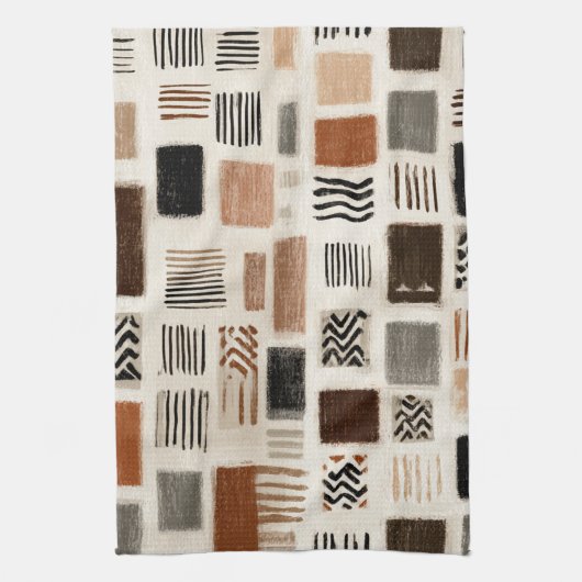 Aardse Boho Abstract Raster - Handgetekende Textuu Theedoek (Verticaal)