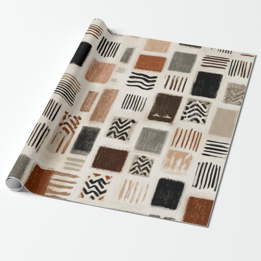 Aardse Boho Abstracte Raster - Handgetekende Textu Cadeaupapier (Uitgerold)