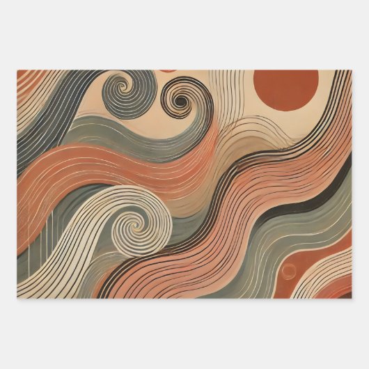 Aardse Boho Abstracte Wavy wervellijnen Inpakpapier Vel (Voorkant 2)