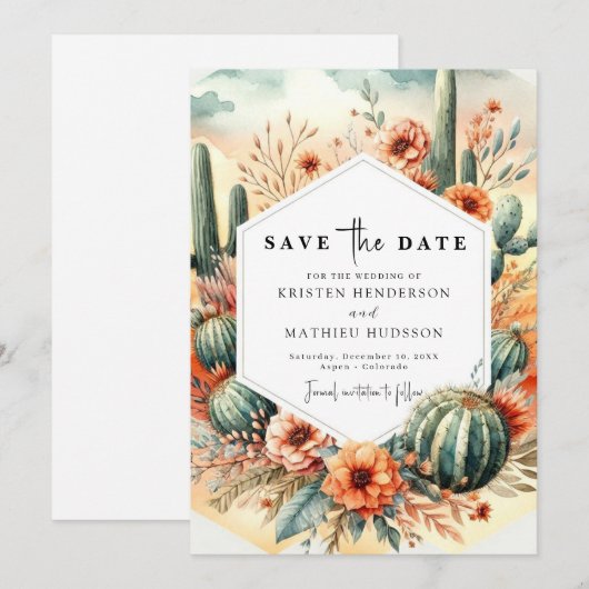 Aardse Boho Cactus bruiloft Save The Date (Voorkant / Achterkant)