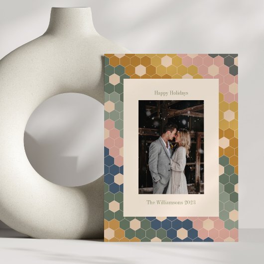 Aardse Boho Chic Vintage Moderne Trouwfoto Feestdagenkaart