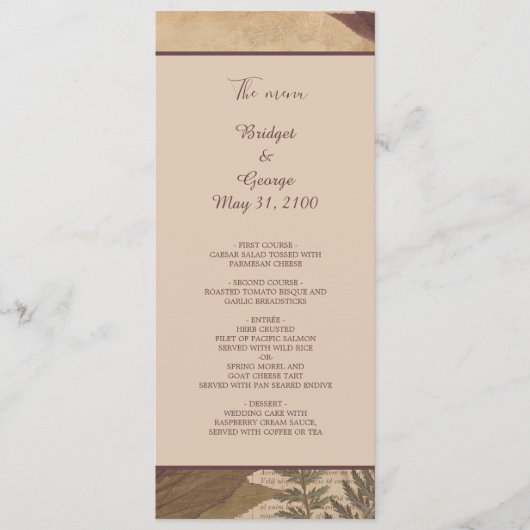 Aardse  Boho chique groen bruiloft menu (Voorkant)