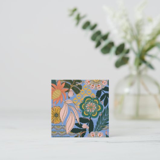 Aardse Boho Gold Blue Tropische Bloemen Bedrijf Vierkante Visitekaartje (Staand voorkant)