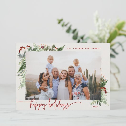 Aardse Boho Groene Blad Burgundy Beige Foto Vakant Feestdagenkaart (Staand voorkant)