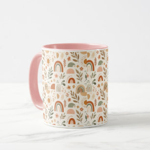 Aardse Boho Regenboog Zon Florale Keramische Mok