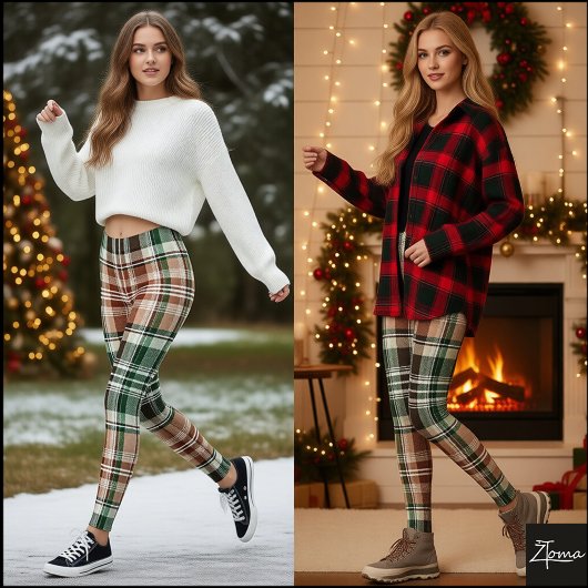 Aardse Bruine Groene Khaki Flanel Plaid Leggings