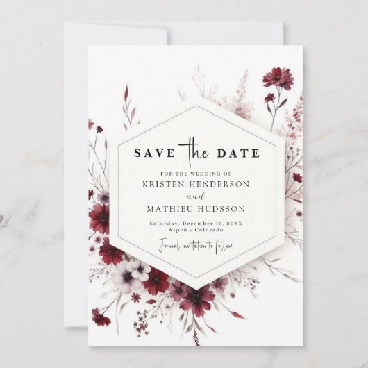 Aardse Chic Bourgondië Floral Wedding Save The Date (Voorkant)