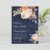 Aardse Dusty Peach Bloemen Alles in Een Navy Weddi Kaart (Staand voorkant)