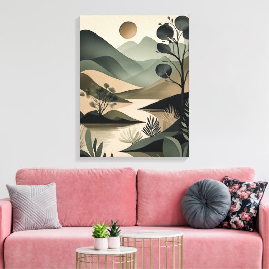 Aardse Elegantie: Abstracte Salie en Zwart Canvas Afdruk (Insitu (Woonkamer))