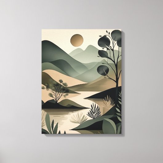 Aardse Elegantie: Abstracte Salie en Zwart Canvas Afdruk (Voorkant)