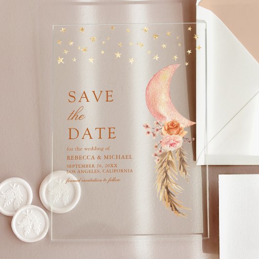 Aardse Floral Crescent Moon Wedding Save the Date Acryl Uitnodigingen
