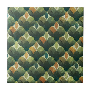 Aardse groene Art Deco waaierpatroon Tegeltje