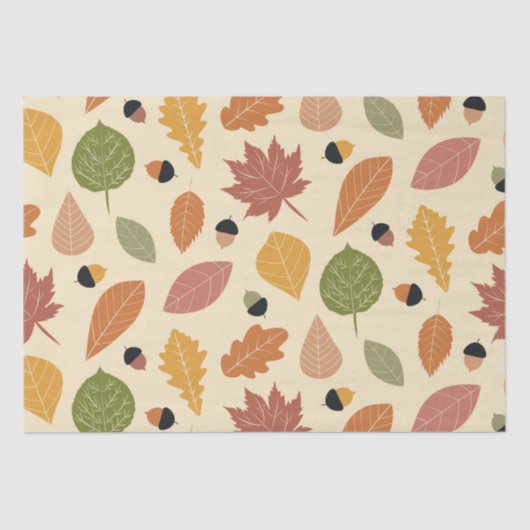 Aardse herfstbladeren met eikels op beige tissuepapier (Voorkant)