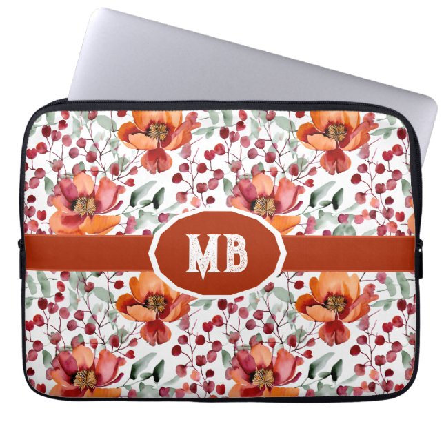 Aardse kleuren, herfstbloemen monogram laptop sleeve (Voorkant)