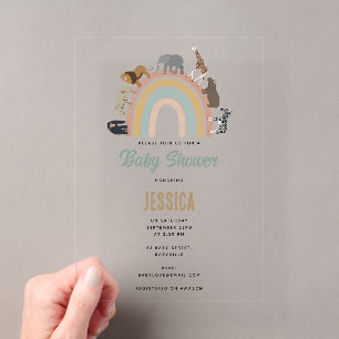 Aardse Kleuren Regenboog Jungle Dieren Baby Shower Acryl Uitnodigingen