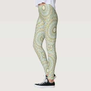 Aardse Mandala in Groen, Goud, en Zachte Blauwtint Leggings