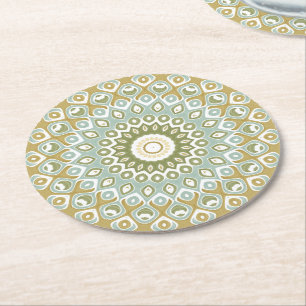 Aardse Mandala in Groen, Goud, en Zachte Blauwtint Ronde Kartonnen Onderzetter