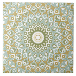 Aardse Mandala in Groen, Goud, en Zachte Blauwtint Tegeltje