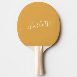 Aardse Mosterd Gele Script Naam Gepersonaliseerd Tafeltennisbatje