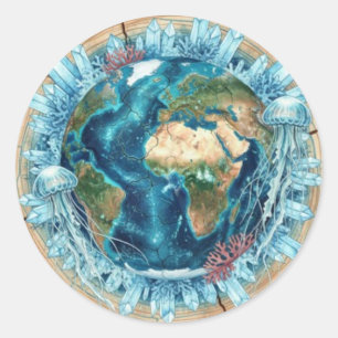 Aardse natuurfusie met oceaanleven en kristalkunst ronde sticker