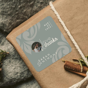 Aardse Olijf Classic Damask Elegante Fotobruiloft Vierkante Sticker