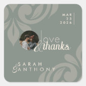 Aardse Olijf Classic Damask Elegante Fotobruiloft Vierkante Sticker (Voorkant)