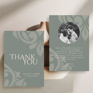 Aardse Olijf Classy Elegant Damask Fotobruiloft Bedankkaart