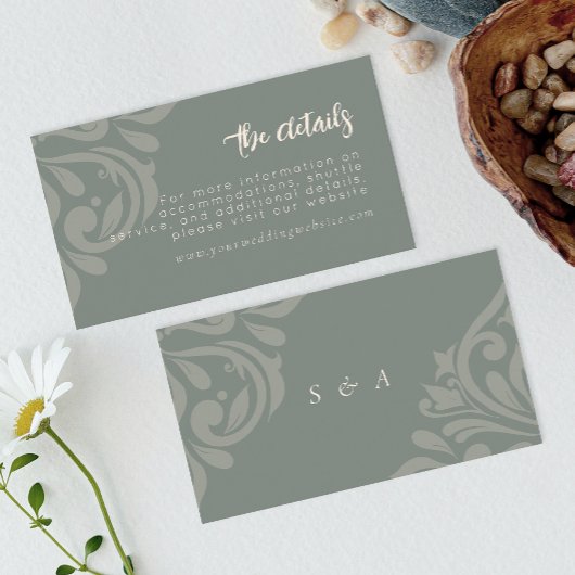 Aardse Olijf Elegante Klassieke Damask Wedding Informatiekaartje