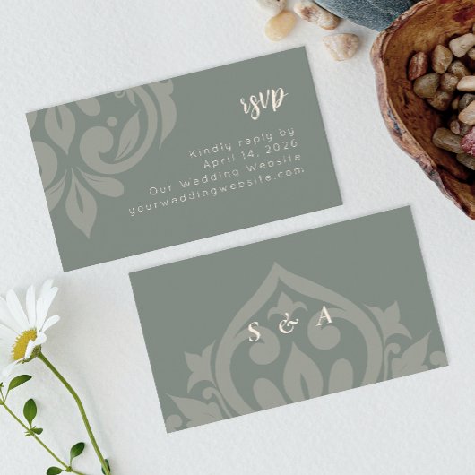 Aardse Olijf Elegante Minimale Damask Wedding RSVP Informatiekaartje