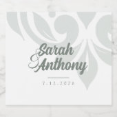 Aardse Olijf & Ivoor Damask Modern Script Wedding Sparkling Wijnetiket (Enkel label)