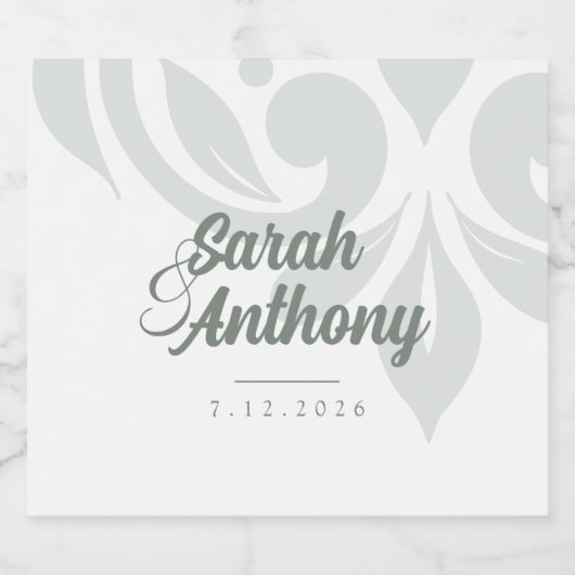 Aardse Olijf & Ivoor Damask Modern Script Wedding Sparkling Wijnetiket (Enkel label)
