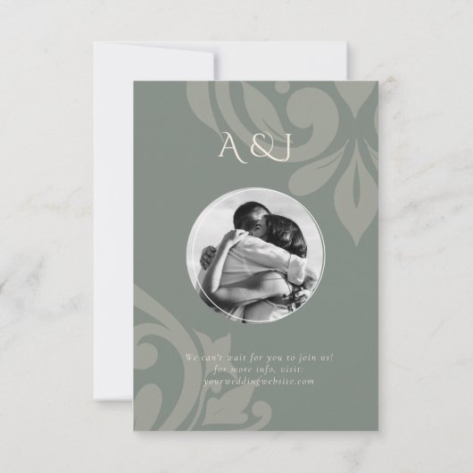 Aardse Olijf Klassieke Damast Elegante Foto Bruilo Save The Date (Achterkant)