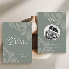 Aardse Olijf Klassieke Damast Elegante Trouwfoto Save The Date