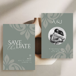 Aardse Olijfschrift Damask Fotobruiloft Save The Date