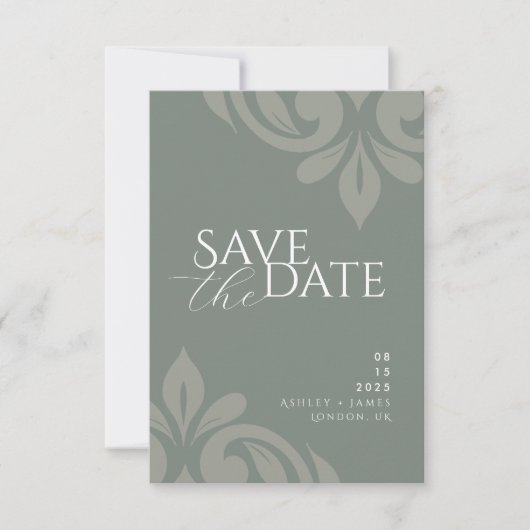 Aardse Olijfschrift Damask Fotobruiloft Save The Date (Voorkant)