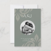 Aardse Olijfschrift Damask Fotobruiloft Save The Date (Achterkant)