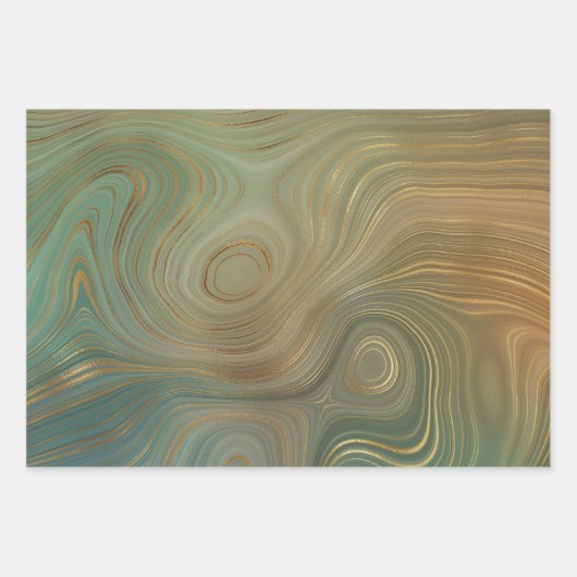 Aardse olijfstrata | Groene en Gouden Inkt Agaat Inpakpapier Vel (Voorkant 2)