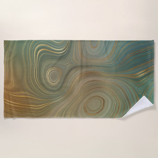 Aardse olijfstrata | Groene en Gouden Inkt Agaat Strandlaken (Voorkant)
