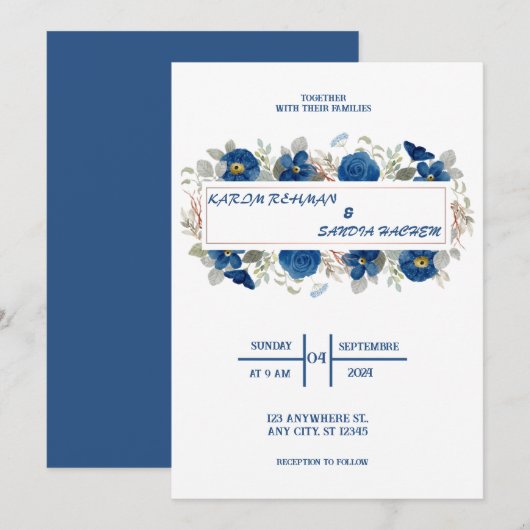 Aardse Oranje Rozen Floral Navy Blue Wedding Kaart (Voorkant / Achterkant)