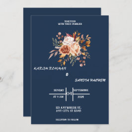 Aardse Oranje Rozen Floral Navy Blue Wedding Kaart