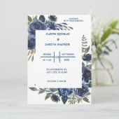 Aardse Oranje Rozen Floral Navy Blue Wedding Kaart (Staand voorkant)