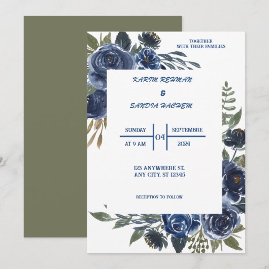 Aardse Oranje Rozen Floral Navy Blue Wedding Kaart (Voorkant / Achterkant)