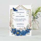Aardse Oranje Rozen Floral Navy Blue Wedding Kaart (Staand voorkant)