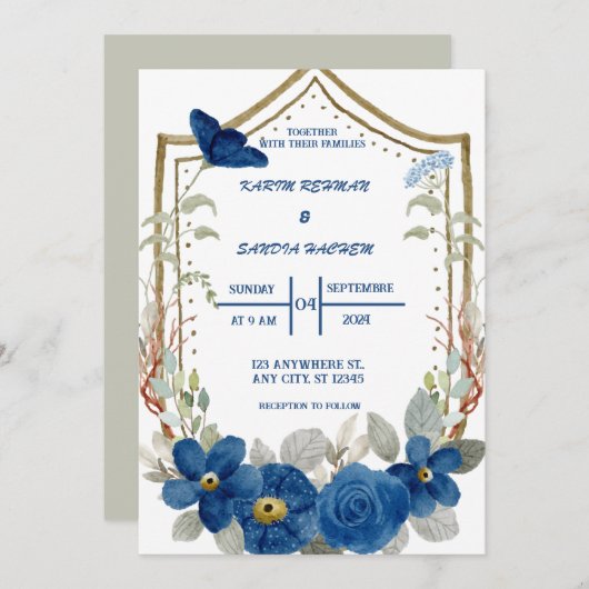 Aardse Oranje Rozen Floral Navy Blue Wedding Kaart (Voorkant / Achterkant)