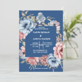 Aardse Oranje Rozen Floral Navy Blue Wedding Kaart (Staand voorkant)