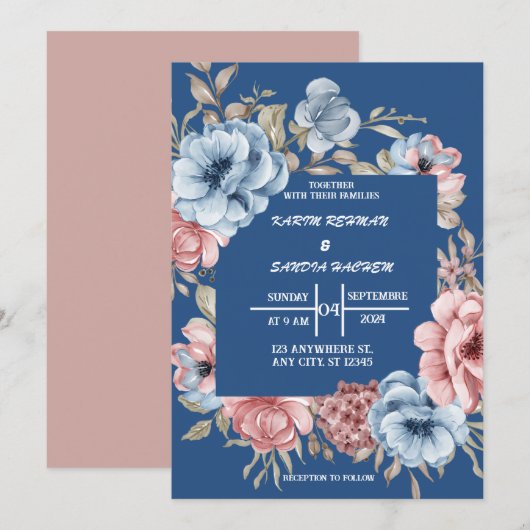 Aardse Oranje Rozen Floral Navy Blue Wedding Kaart (Voorkant / Achterkant)
