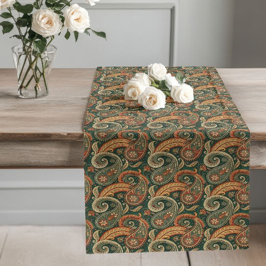 Aardse Paisley Boho Donkergroen Bruin Kopersalie Lange Tafelloper