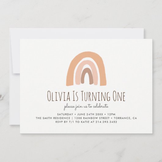 Aardse Pastel Regenboog 1e Verjaardagsuitnodiging Kaart (Voorkant)