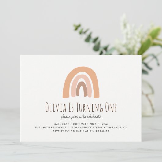 Aardse Pastel Regenboog 1e Verjaardagsuitnodiging Kaart (Staand voorkant)